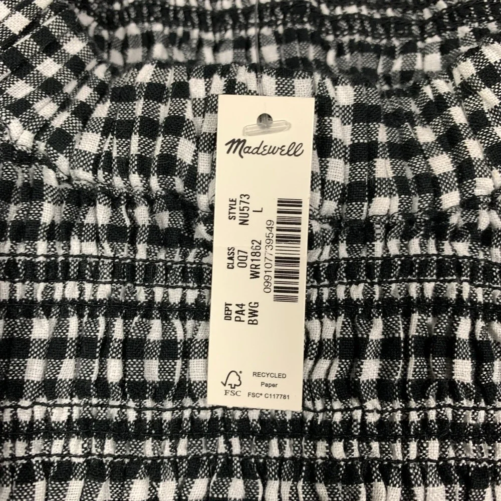 Madewell Mini Dress Size Large Black/White Gingham Smocked U-Neck Linen NWT $119 - Picture 4 of 11